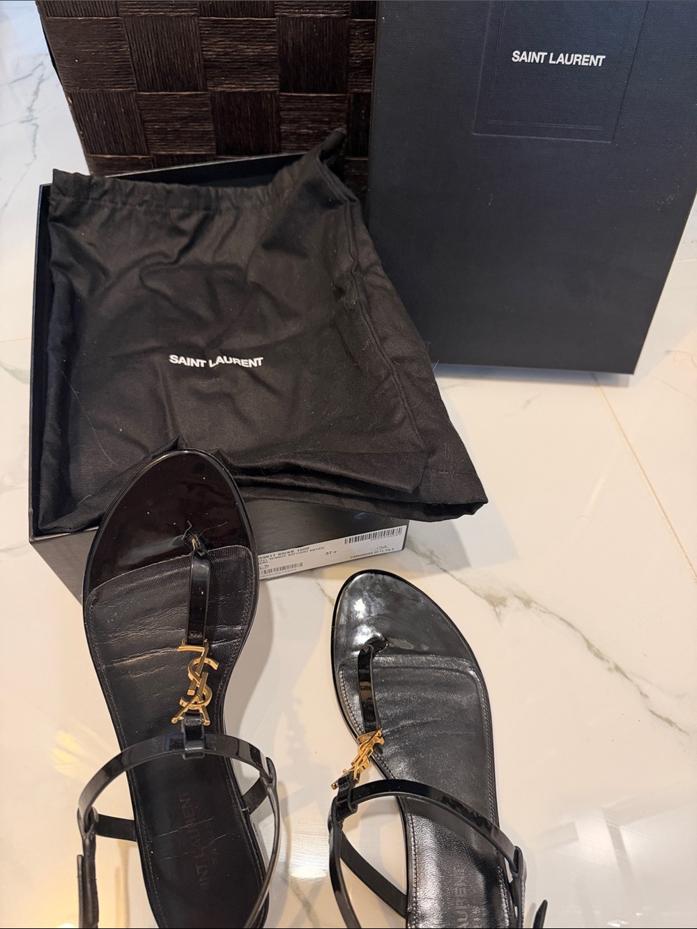 Authentic Saint Laurent Black Patent Leather Logo T-Strap Sandals